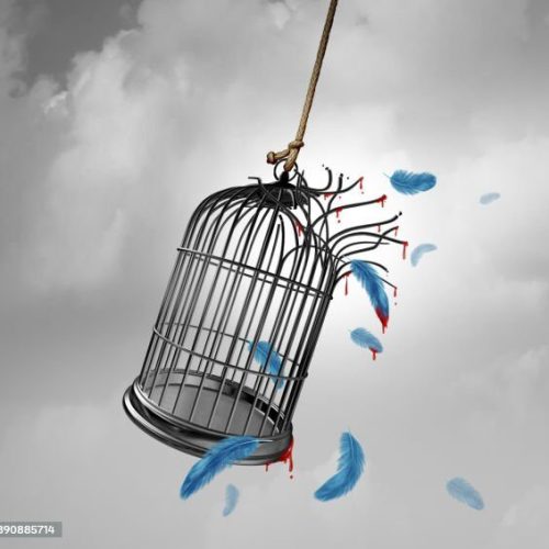 The sacrifice for freedom concept represents the painful and violent struggle to achieve liberty and democracy as an abstract concept with bloody feathers with 3D rendering elements.